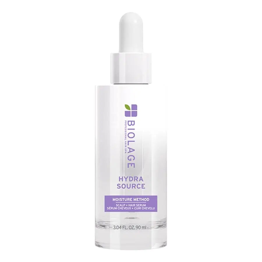 Biolage Hydra Source hair serum bottle with dropper on a white background