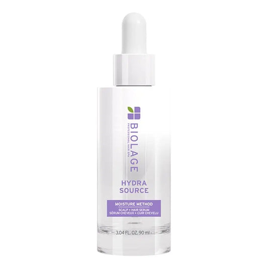 Biolage Hydra Source hair serum bottle with dropper on a white background