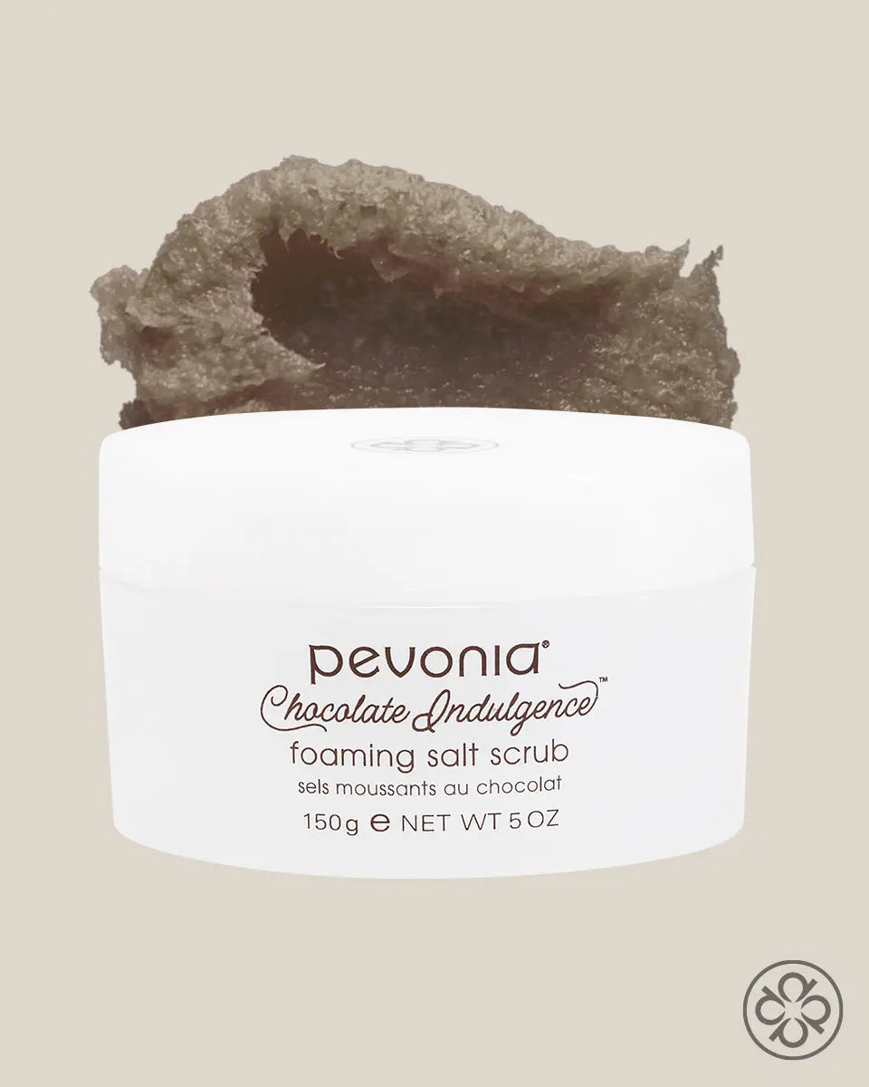 Devonia Chocolate Indulgence foaming salt scrub on a beige background