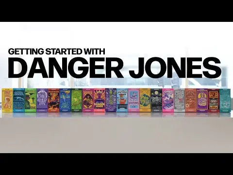 Row of colorful books with 'Danger Jones' branding on a white background