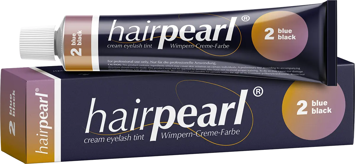 Hairpearl eyelash tint tube and packaging on a white background