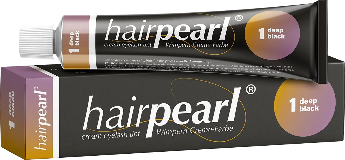 Hairpearl eyelash tint tube and packaging on a white background