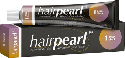 Hairpearl eyelash tint tube and packaging on a white background
