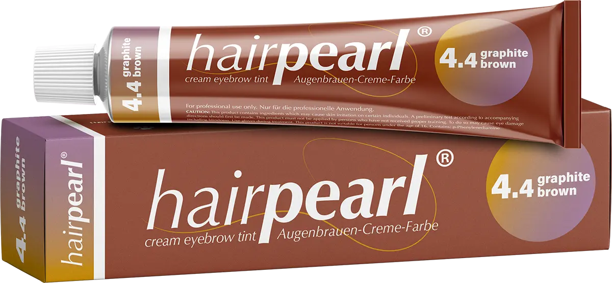 Hairpearl cream eyebrow tint packaging with tube and box on a white background