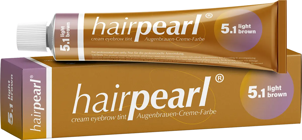 Hairpearl cream eyebrow tint packaging with brown and purple design