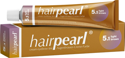 Hairpearl cream eyebrow tint packaging with brown and purple design