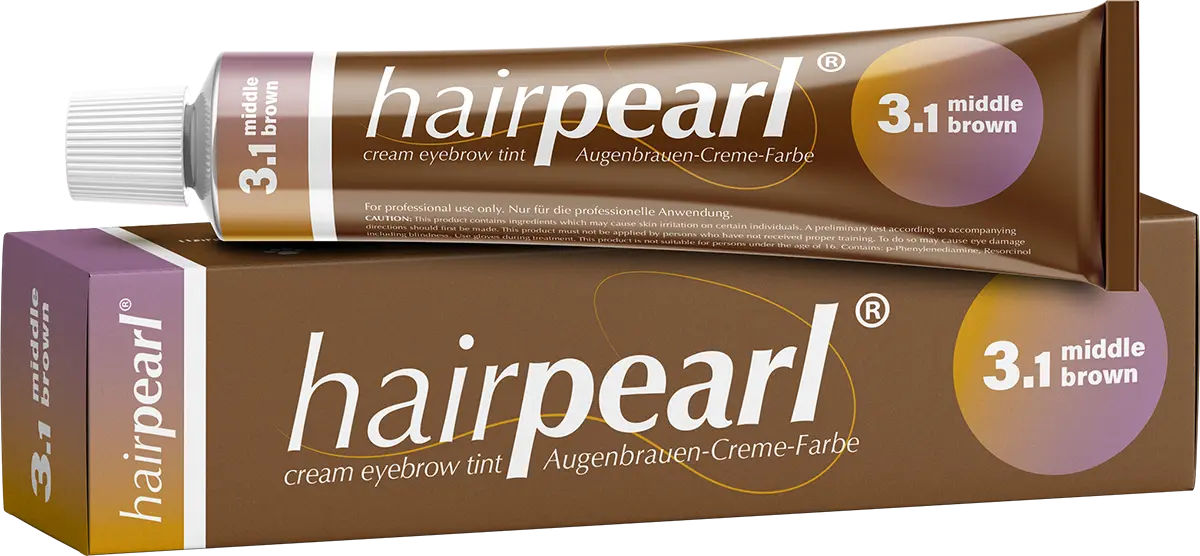 Hairpearl cream eyebrow tint with packaging in middle brown color