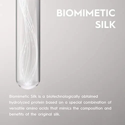 Biomimetic Silk text with a close-up of silk fibers in a test tube on a gray background