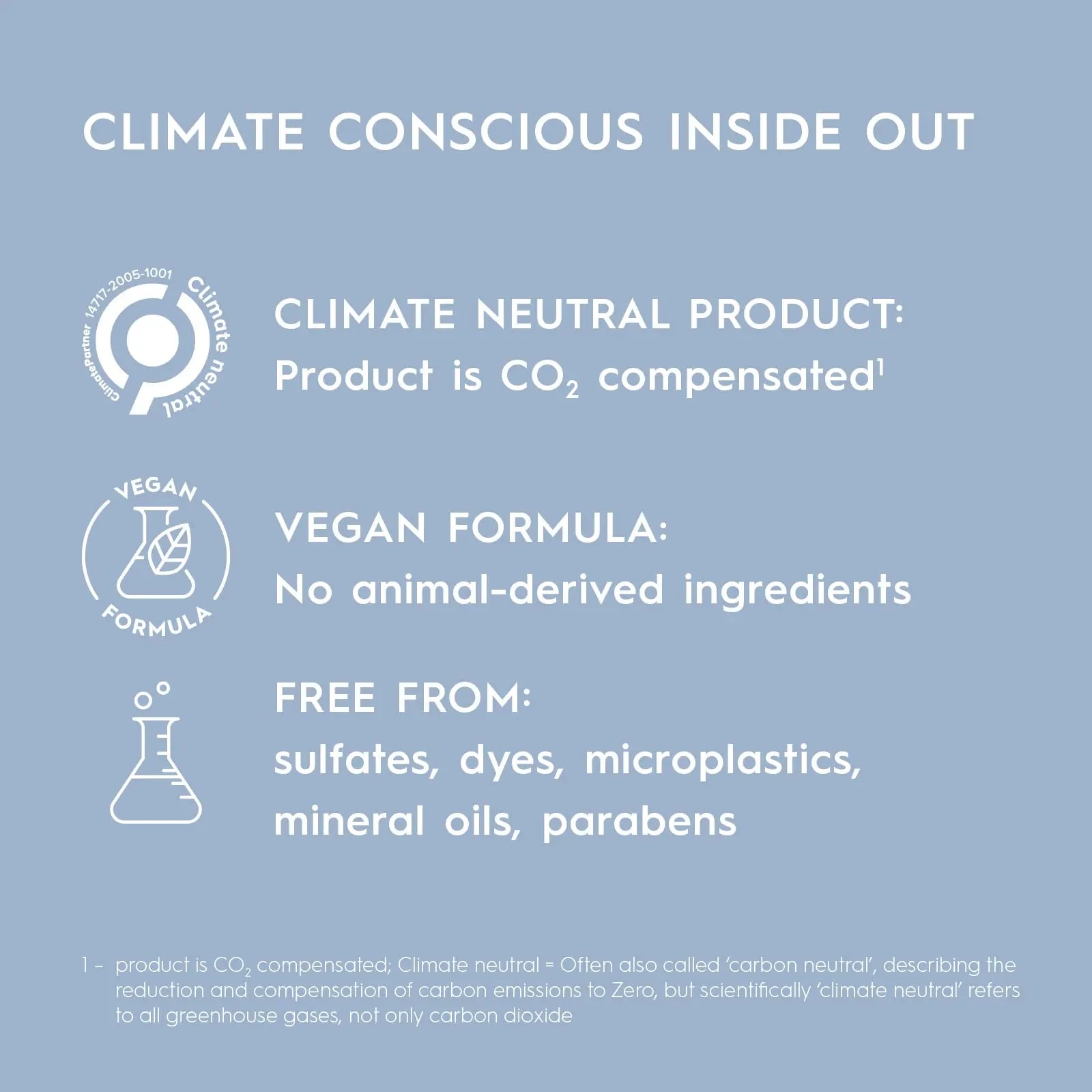 Product label with climate consciousness claims on a blue background