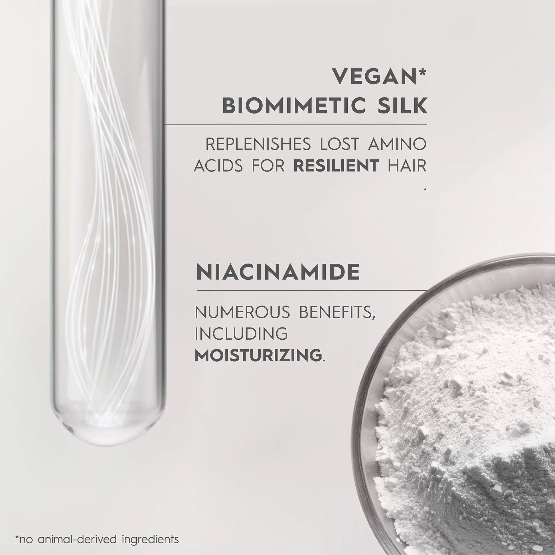 Product packaging with text about vegan biomimetic silk and niacinamide benefits on a white background.
