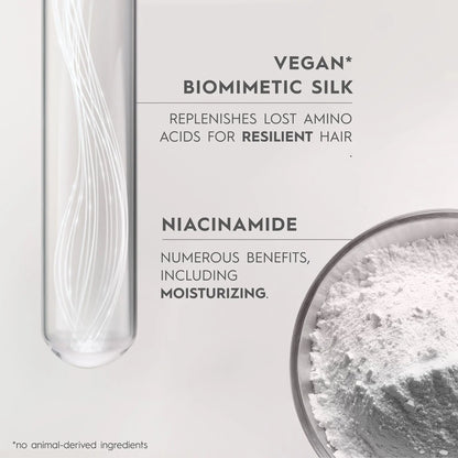 Product packaging with text about vegan biomimetic silk and niacinamide benefits on a white background.
