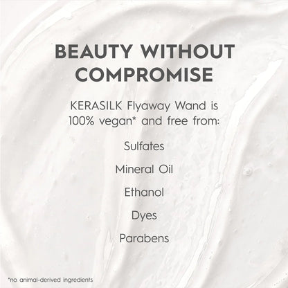 Text on a white background about KERASILK Flyaway Wand being vegan and free from specific ingredients.