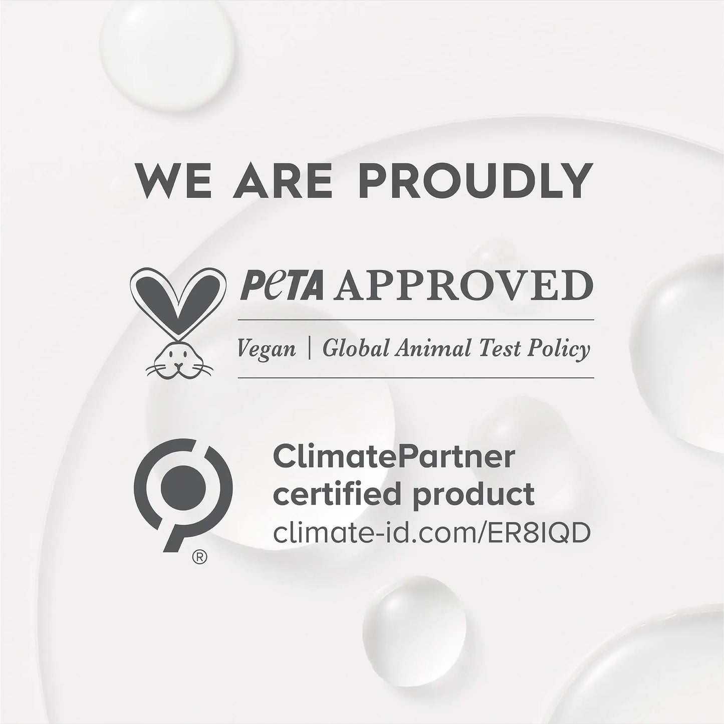 PETA Approved and ClimatePartner certified product labels on a white background with water droplets.