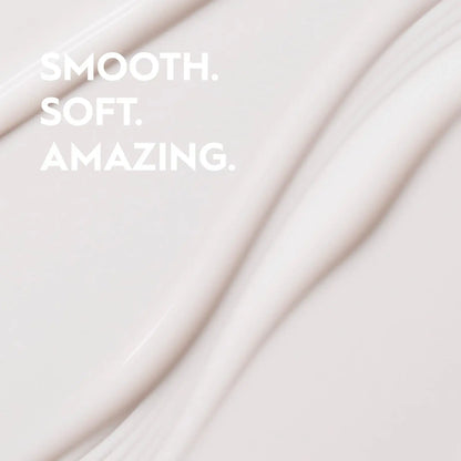 Text 'SMOOTH. SOFT. AMAZING.' on a soft pink fabric background