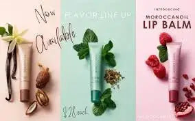 Two lip balm products with vanilla beans and green leaves on a white background.