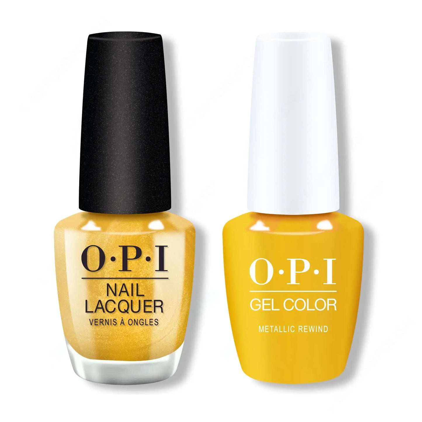 Two OPI nail polish bottles, one yellow and one with a white cap, on a white background.