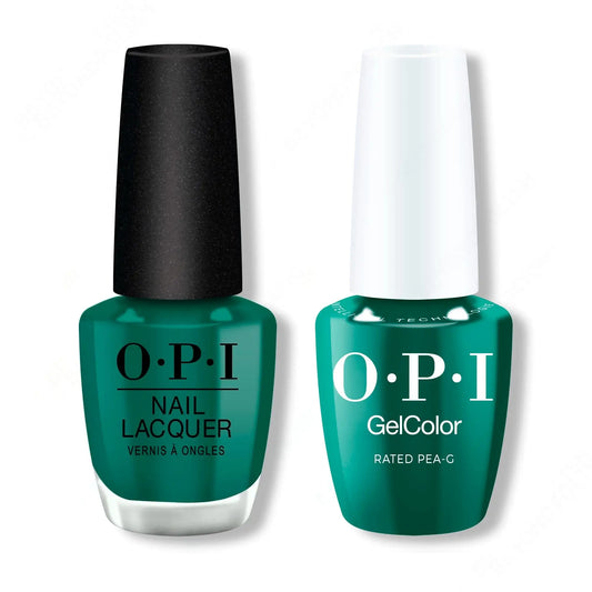 Two OPI nail polish bottles, one green and one teal, on a white background.
