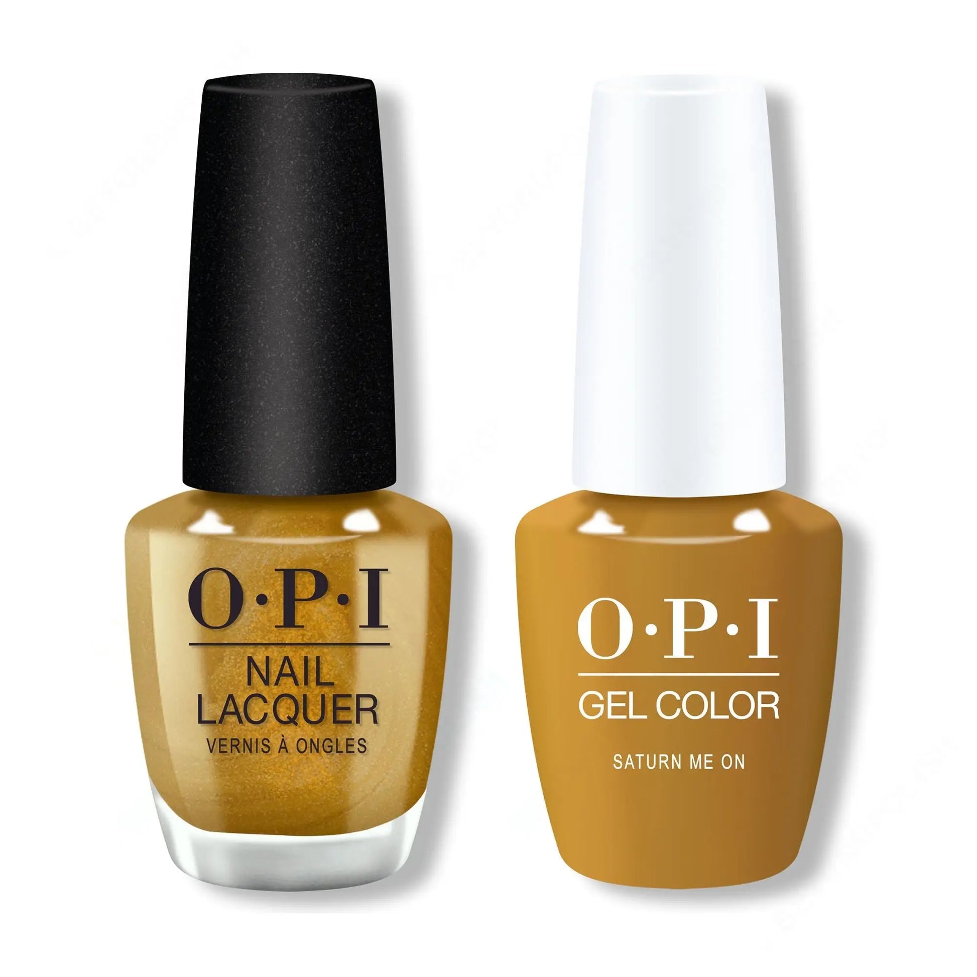 Two OPI nail polish bottles, one gold and one brown, on a white background.