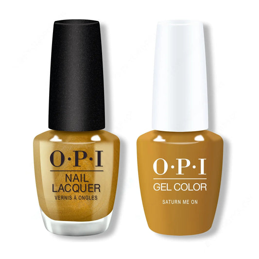 Two OPI nail polish bottles, one gold and one brown, on a white background.