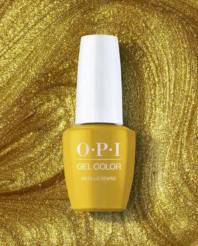 OPI gel color bottle on a gold glitter background