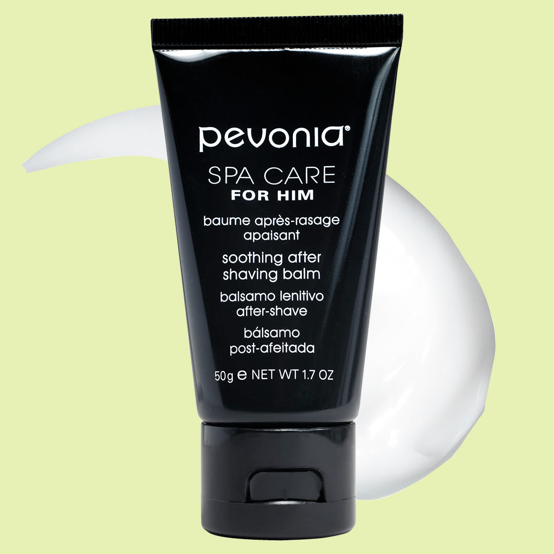Pevonia after-shave balm tube on a light green background