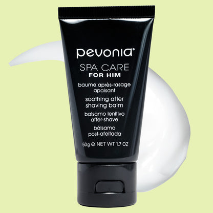 Pevonia after-shave balm tube on a light green background