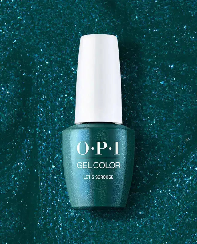 OPI gel color nail polish bottle on a teal glittery background